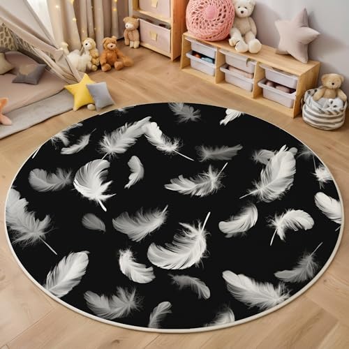 ALTCIRNMD Teppich Schwebende Federn Für Teenager 3D Minimalismus Teppich Schlafzimmer Wohnzimmer Dekoration Innenmatte Waschbar Schwarz Und Weiß rutschfeste Matte,100Cm von ALTCIRNMD