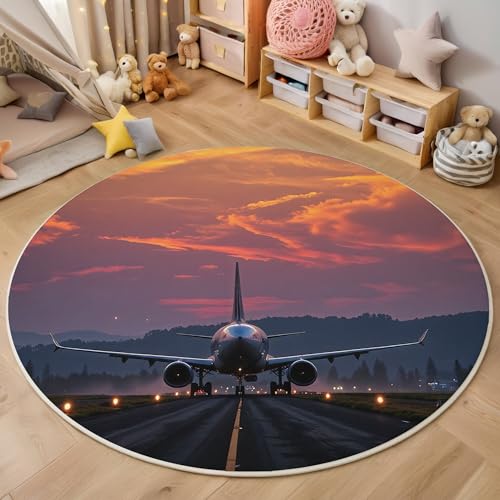 ALTCIRNMD Teppich Sonnenuntergangsflugzeug Für Teenager 3D Modelandschaft Teppich Schlafzimmer Wohnzimmer Dekoration Innenmatte Waschbar Orange-Rot rutschfeste Matte,100Cm von ALTCIRNMD