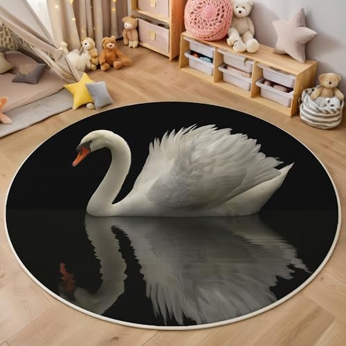 ALTCIRNMD Teppich Spiegelung Schwan Für Teenager 3D Natürliche Tiere Teppich Schlafzimmer Wohnzimmer Dekoration Innenmatte Waschbar Schwarz Und Weiß rutschfeste Matte,120Cm von ALTCIRNMD