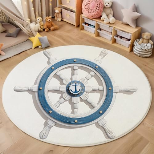 ALTCIRNMD Teppich Symmetrischer Anker Für Teenager 3D Nautische Kunst Teppich Schlafzimmer Wohnzimmer Dekoration Innenmatte Waschbar Blau Und Weiß rutschfeste Matte,120Cm von ALTCIRNMD