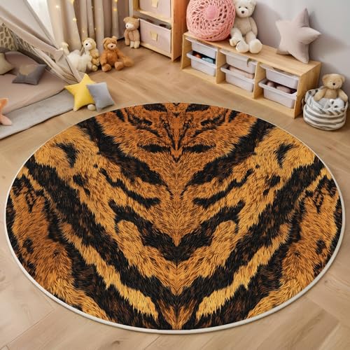 ALTCIRNMD Teppich Tigerfell Für Teenager 3D Tiertexturen Teppich Schlafzimmer Wohnzimmer Dekoration Innenmatte Waschbar Braun-Schwarz rutschfeste Matte,100Cm von ALTCIRNMD
