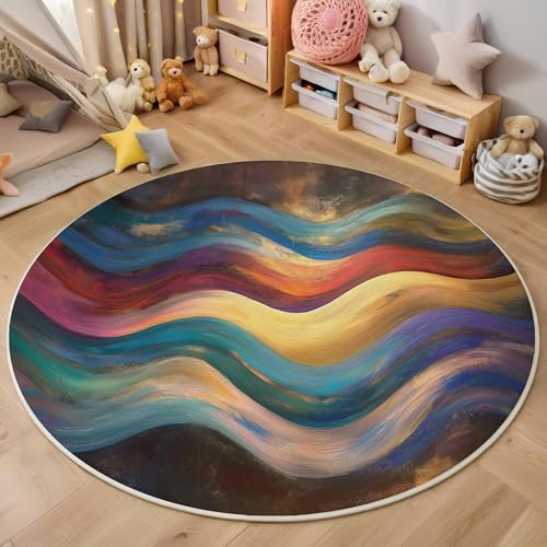 ALTCIRNMD Teppich Wellenförmige Streifen Für Teenager 3D Impressionistische Ölgemälde Teppich Schlafzimmer Wohnzimmer Dekoration Innenmatte Waschbar Braunblau rutschfeste Matte,100Cm von ALTCIRNMD