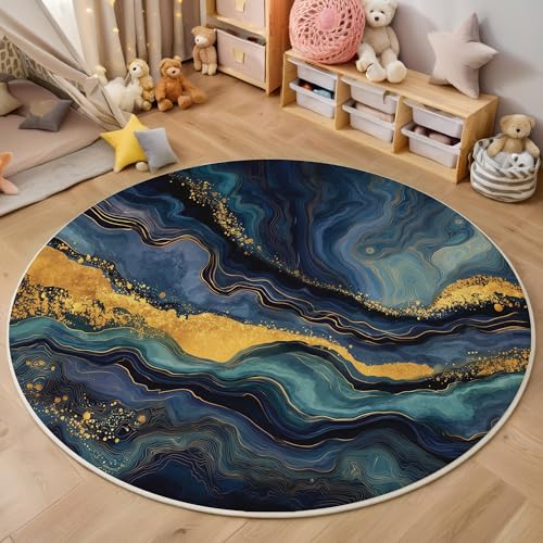 ALTCIRNMD Teppich Wirbelmarmor Für Teenager 3D Abstrakte Linien Teppich Schlafzimmer Wohnzimmer Dekoration Innenmatte Waschbar Blaugold rutschfeste Matte,120Cm von ALTCIRNMD