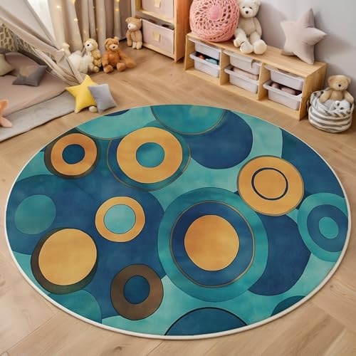 ALTCIRNMD Teppich Wohnzimmer Rund 3D Druck rutschfest Blaubraun Persönlichkeitskreis Flauschiger Abstrakte Geometrie Bodenmatte Für Wohnzimmer,Schlafzimmer Dekor Teenager Junge Mädchen,200Cm von ALTCIRNMD