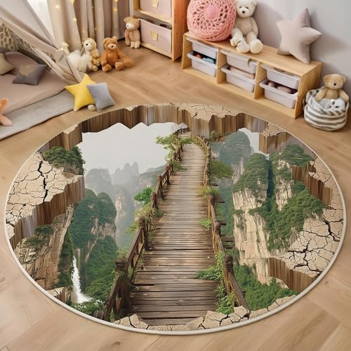 ALTCIRNMD Teppich Wohnzimmer Rund 3D Druck rutschfest Braungrün Holzbrückenoberteil Flauschiger Natürliche Landschaft Bodenmatte Für Wohnzimmer,Schlafzimmer Dekor Teenager Junge Mädchen,180Cm von ALTCIRNMD