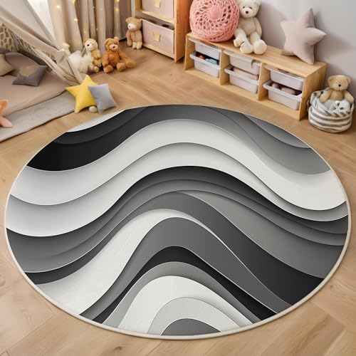 ALTCIRNMD Teppich Wohnzimmer Rund 3D Druck rutschfest Cremefarben Wellenlinien Flauschiger Elegante Geometrie Bodenmatte Für Wohnzimmer,Schlafzimmer Dekor Teenager Junge Mädchen,180Cm von ALTCIRNMD
