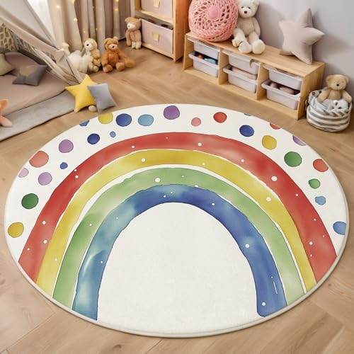 ALTCIRNMD Teppich Wohnzimmer Rund 3D Druck rutschfest Farbe Gepunkteter Regenbogen Flauschiger Cartoon-Kunst Bodenmatte Für Wohnzimmer,Schlafzimmer Dekor Teenager Junge Mädchen,180Cm von ALTCIRNMD