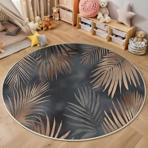 ALTCIRNMD Teppich Wohnzimmer Rund 3D Druck rutschfest Graues Kupfer Palmblätter Flauschiger Tropische Zusammenfassung Bodenmatte Für Wohnzimmer,Schlafzimmer Dekor Teenager Junge Mädchen,140Cm von ALTCIRNMD