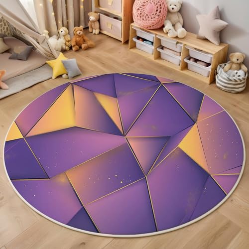 ALTCIRNMD Teppich Wohnzimmer Rund 3D Druck rutschfest Lila Gold Farbdreieck Flauschiger Abstrakte Geometrie Bodenmatte Für Wohnzimmer,Schlafzimmer Dekor Teenager Junge Mädchen,160Cm von ALTCIRNMD