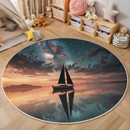 ALTCIRNMD Teppich Wohnzimmer Rund 3D Druck rutschfest Orangeblau Sonnenaufgangssee Flauschiger Verträumte Landschaft Bodenmatte Für Wohnzimmer,Schlafzimmer Dekor Teenager Junge Mädchen,200Cm von ALTCIRNMD