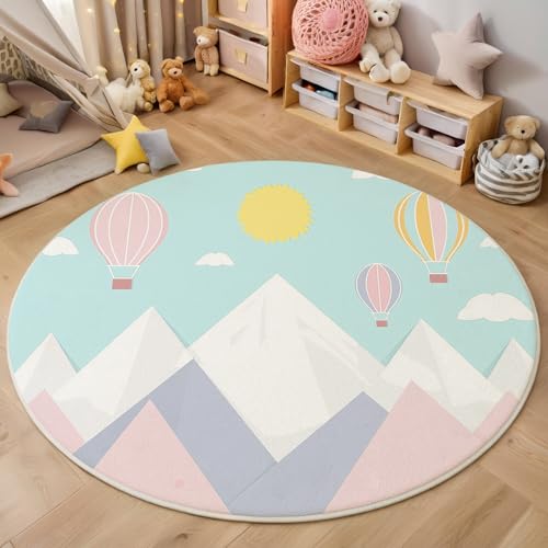 ALTCIRNMD Teppich Wohnzimmer Rund 3D Druck rutschfest Puderblau Heißluftballon In Den Bergen Flauschiger Cartoon-Landschaft Bodenmatte Für Wohnzimmer,Schlafzimmer Dekor Teenager Junge Mädchen,180Cm von ALTCIRNMD