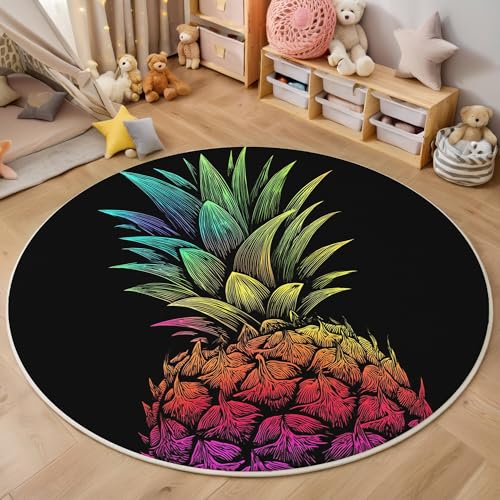 ALTCIRNMD Teppich Wohnzimmer Rund 3D Druck rutschfest Regenbogenfarben Einfache Ananas Flauschiger Personalisiertes Obst Bodenmatte Für Wohnzimmer,Schlafzimmer Dekor Teenager Junge Mädchen,180Cm von ALTCIRNMD