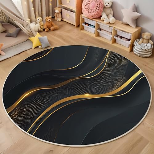 ALTCIRNMD Teppich Wohnzimmer Rund 3D Druck rutschfest Schwarzes Gold Wellenlinien Flauschiger Dreidimensionale Kunst Bodenmatte Für Wohnzimmer,Schlafzimmer Dekor Teenager Junge Mädchen,140Cm von ALTCIRNMD