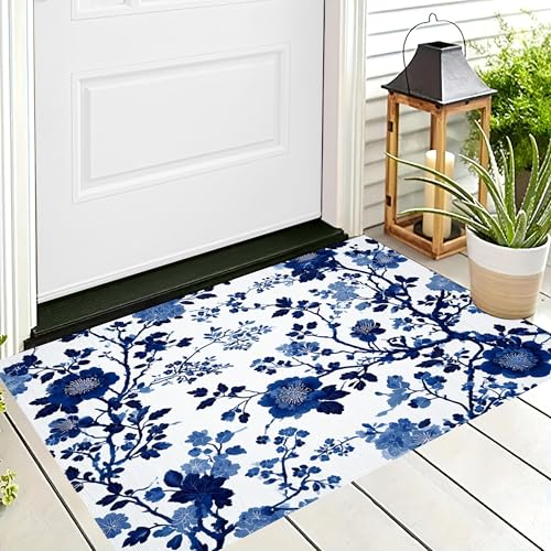 ALTCIRNMD Waschbare Teppiche,Klein rutschfest,Blau Weiß Blüten Und Blätter Pflanzen Im Chinesischen Stil Teppich,Fußmatte Den Innenbereich Terrasse Weicher Teppich Für Eingangsbereich Flur,80X120Cm von ALTCIRNMD
