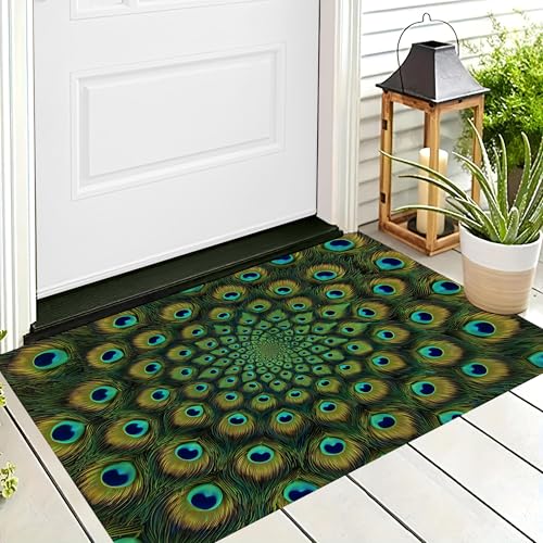 ALTCIRNMD Waschbare Teppiche,Klein rutschfest,Blaugrün Kaleidoskop Pfauenfeder Visuelle Symmetrie Teppich,Fußmatte Den Innenbereich Terrasse Weicher Teppich Für Eingangsbereich Flur,60X90Cm von ALTCIRNMD