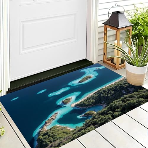 ALTCIRNMD Waschbare Teppiche,Klein rutschfest,Blaugrün Ozeaninseln Natürliche Landschaft Teppich,Fußmatte Den Innenbereich Terrasse Weicher Teppich Für Eingangsbereich Flur,60X90Cm von ALTCIRNMD