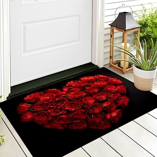 ALTCIRNMD Waschbare Teppiche,Klein rutschfest,Rot Liebe Rose Romantische Pflanzen Teppich,Fußmatte Den Innenbereich Terrasse Weicher Teppich Für Eingangsbereich Flur,40X60Cm von ALTCIRNMD