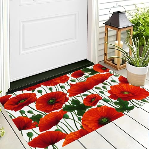 ALTCIRNMD Waschbare Teppiche,Klein rutschfest,Rot Mohnblumen Blühende Pflanzen Teppich,Fußmatte Den Innenbereich Terrasse Weicher Teppich Für Eingangsbereich Flur,90X150Cm von ALTCIRNMD