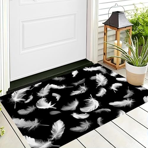 ALTCIRNMD Waschbare Teppiche,Klein rutschfest,Schwarz Weiß Schwebende Federn Minimalismus Teppich,Fußmatte Den Innenbereich Terrasse Weicher Teppich Für Eingangsbereich Flur,90X150Cm von ALTCIRNMD