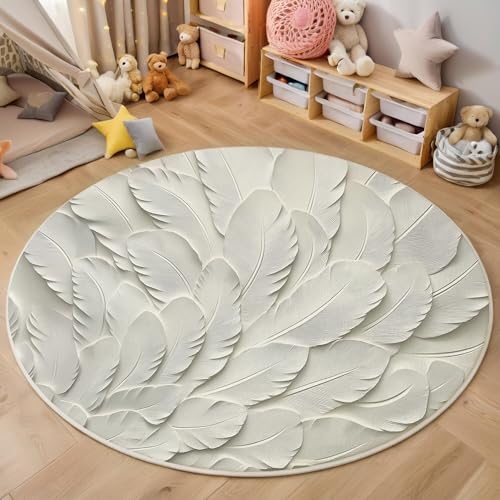 ALTCIRNMD Weiß Federstruktur 3D Teppich Rundteppich Für Wohnzimmer 140Cm Reliefkunst,Schlafzimmer rutschfeste Bodenmatte Krabbelmatte Tischset Flur Badematte Esszimmer Eingangsbereich von ALTCIRNMD