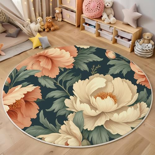 ALTCIRNMD Weiß Grün Pfingstrosenblüten Teppich Rund,3D Retro-Pflanzen Rutschfester Bodenmatte Wohnzimmer,Schlafzimmer,Area Kinderzimmer Und Spielzimmer Dekorative Korridor Für Räume,120Cm von ALTCIRNMD