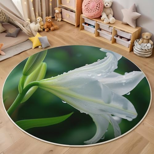 ALTCIRNMD Weiß Grün Wassertropfenlilie Teppich Rund,3D Natürliche Pflanzen Rutschfester Bodenmatte Wohnzimmer,Schlafzimmer,Area Kinderzimmer Und Spielzimmer Dekorative Korridor Für Räume,180Cm von ALTCIRNMD