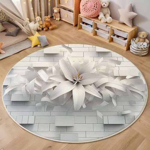 ALTCIRNMD Weiß Lilie Ziegelmauer 3D Teppich Rundteppich Für Wohnzimmer 120Cm Geometrische Kunst,Schlafzimmer rutschfeste Bodenmatte Krabbelmatte Tischset Flur Badematte Esszimmer Eingangsbereich von ALTCIRNMD