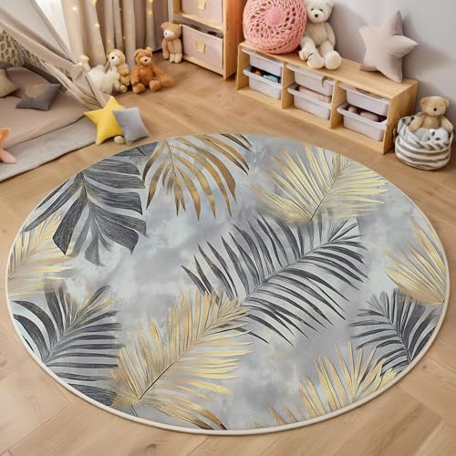 ALTCIRNMD rutschfeste Teppich Rund,3D Aschegold Palmblätter Teppich Für Wohnzimmer Tropische Pflanzen Weich Teppiche Fußmatte Für Schlafzimmer Kinderzimmer Küche Esszimmer,120Cm von ALTCIRNMD