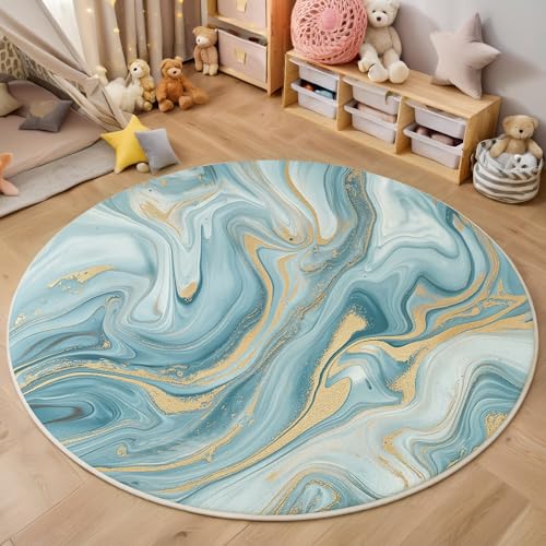 ALTCIRNMD rutschfeste Teppich Rund,3D Goldblau Wirbelmarmor Teppich Für Wohnzimmer Abstrakte Textur Weich Teppiche Fußmatte Für Schlafzimmer Kinderzimmer Küche Esszimmer,120Cm von ALTCIRNMD