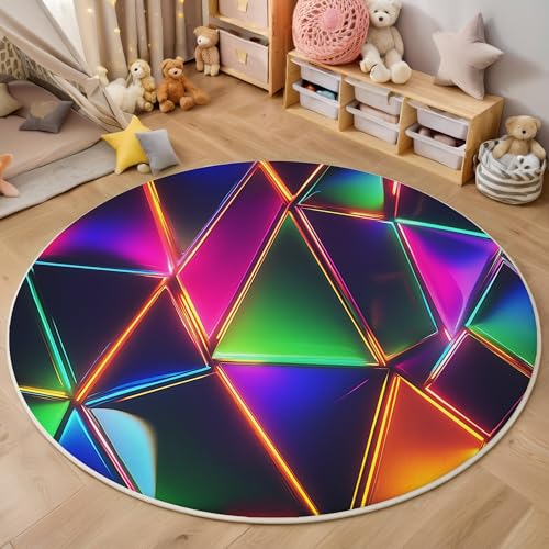 ALTCIRNMD rutschfeste Teppich Rund,3D Lila-Grün Blinkendes Dreieck Teppich Für Wohnzimmer Visuelle Geometrie Weich Teppiche Fußmatte Für Schlafzimmer Kinderzimmer Küche Esszimmer,160Cm von ALTCIRNMD