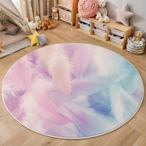 ALTCIRNMD rutschfeste Teppich Rund,3D Puderblau Weiche Federn Teppich Für Wohnzimmer Fantasy-Kunst Weich Teppiche Fußmatte Für Schlafzimmer Kinderzimmer Küche Esszimmer,200Cm von ALTCIRNMD