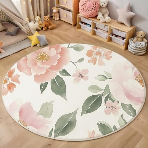 ALTCIRNMD rutschfeste Teppich Rund,3D Rosa Grün Gänseblümchen Grüne Blätter Teppich Für Wohnzimmer Aquarellpflanzen Weich Teppiche Fußmatte Für Schlafzimmer Kinderzimmer Küche Esszimmer,100Cm von ALTCIRNMD