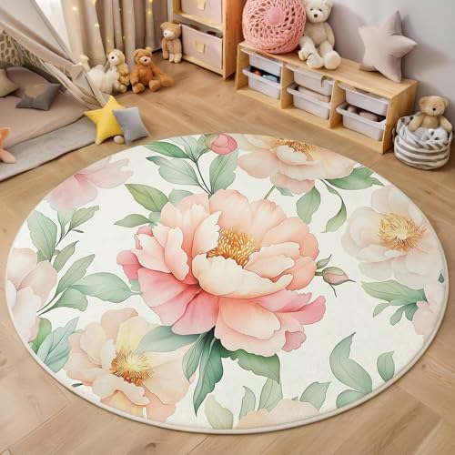 ALTCIRNMD rutschfeste Teppich Rund,3D Rosa Grün Grüne Blätter Der Pfingstrose Teppich Für Wohnzimmer Aquarellpflanzen Weich Teppiche Fußmatte Für Schlafzimmer Kinderzimmer Küche Esszimmer,180Cm von ALTCIRNMD