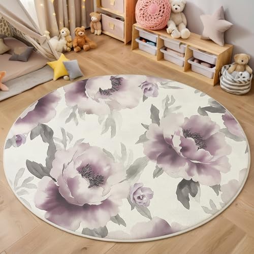 ALTCIRNMD rutschfeste Teppich Rund,3D Rose Grey Pfingstrosenblüten Teppich Für Wohnzimmer Elegante Pflanzen Weich Teppiche Fußmatte Für Schlafzimmer Kinderzimmer Küche Esszimmer,100Cm von ALTCIRNMD