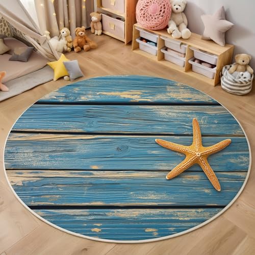 Blau-Orange Seestern Mit Holzmaserung 3D Teppich Rundteppich Für Wohnzimmer 100Cm Ozeankunst,Schlafzimmer Rutschfeste Bodenmatte Krabbelmatte Tischset Flur Badematte Esszimmer Eingangsbereich Blau-Orange Seestern Mit Holzmaserung 3D Teppich Rundteppich Für Wohnzimmer 100Cm Ozeankunst,Schlafzimmer Rutschfeste Bodenmatte Krabbelmatte Tischset Flur Badematte Esszimmer Eingangsbereich von ALTCIRNMD