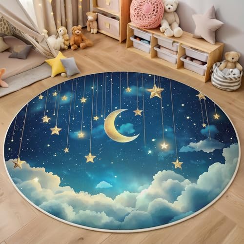 Blau Weiß Nachthimmel Sterne Und Mond 3D Teppich Rundteppich Für Wohnzimmer 180Cm Cartoon-Landschaft,Schlafzimmer Rutschfeste Bodenmatte Krabbelmatte Tischset Flur Badematte Esszimmer Eingangsbereich Blau Weiß Nachthimmel Sterne Und Mond 3D Teppich Rundteppich Für Wohnzimmer 180Cm Cartoon-Landschaft,Schlafzimmer Rutschfeste Bodenmatte Krabbelmatte Tischset Flur Badematte Esszimmer Eingangsbereich von ALTCIRNMD