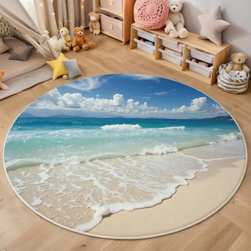 Blaugrün Blauer Himmel Strand 3D Teppich Rundteppich Für Wohnzimmer 120Cm Natürliche Landschaft ,Schlafzimmer Rutschfeste Bodenmatte Krabbelmatte Tischset Flur Badematte Esszimmer Eingangsbereich von ALTCIRNMD