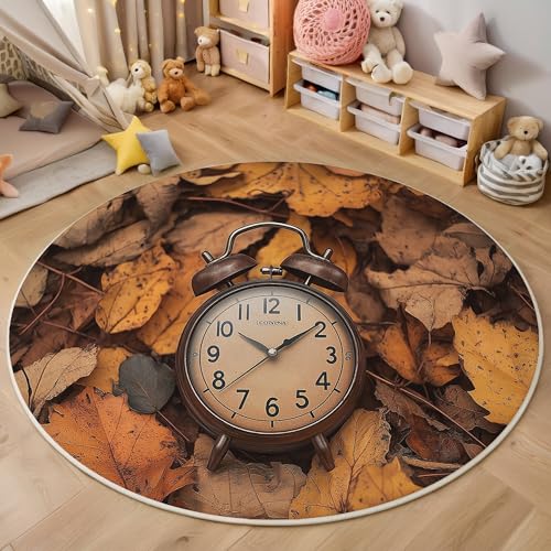 Bräunlich Gelb Wecker Mit Gefallenen Blättern Teppich Rund,3D Herbstlandschaft Rutschfester Bodenmatte Wohnzimmer,Schlafzimmer,Area Kinderzimmer Und Spielzimmer Dekorative Korridor Für Räume,120Cm von ALTCIRNMD