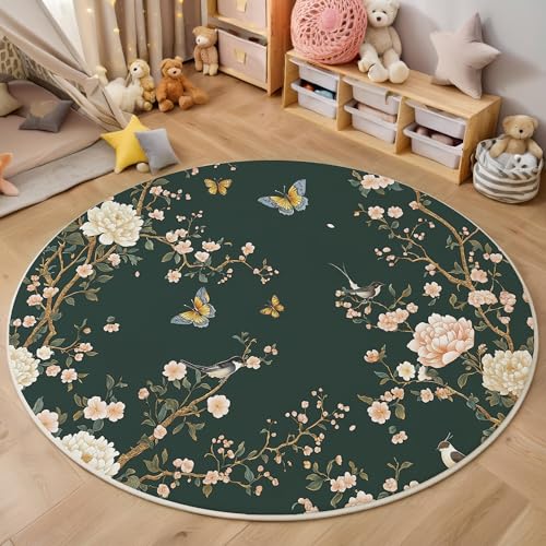 Dunkelgrün Schöne Blumen Und Vögel Teppich Rund,3D Pflanzen Im Chinesischen Stil Rutschfester Bodenmatte Wohnzimmer,Schlafzimmer,Area Kinderzimmer Und Spielzimmer Dekorative Korridor Für Räume,100Cm von ALTCIRNMD