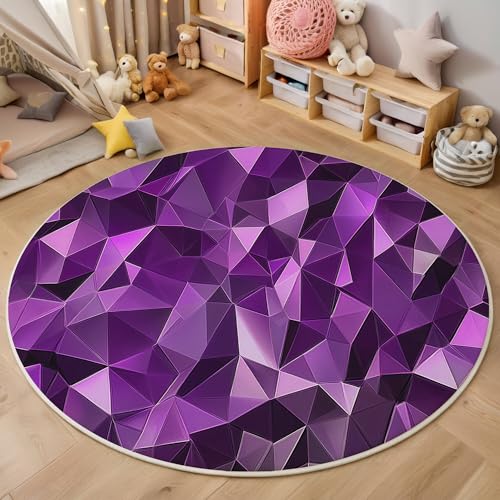 Dunkelviolett Kristalldreieck 3D Teppich Rundteppich Für Wohnzimmer 140Cm Abstrakte Geometrie,Schlafzimmer Rutschfeste Bodenmatte Krabbelmatte Tischset Flur Badematte Esszimmer Eingangsbereich von ALTCIRNMD