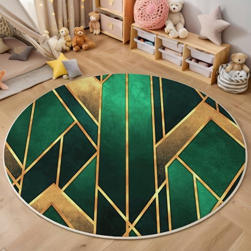 Goldenes Grün Luxuriöse Linien 3D Teppich Rundteppich Für Wohnzimmer 180Cm Abstrakte Geometrie,Schlafzimmer Rutschfeste Bodenmatte Krabbelmatte Tischset Flur Badematte Esszimmer Eingangsbereich von ALTCIRNMD