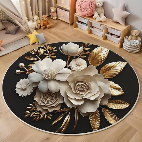 Goldenes Weiß Blüten Und Blätter Teppich Rund,3D Dreidimensionale Pflanzen Rutschfester Bodenmatte Wohnzimmer,Schlafzimmer,Area Kinderzimmer Und Spielzimmer Dekorative Korridor Für Räume,180Cm Goldenes Weiß Blüten Und Blätter Teppich Rund,3D Dreidimensionale Pflanzen Rutschfester Bodenmatte Wohnzimmer,Schlafzimmer,Area Kinderzimmer Und Spielzimmer Dekorative Korridor Für Räume,180Cm von ALTCIRNMD