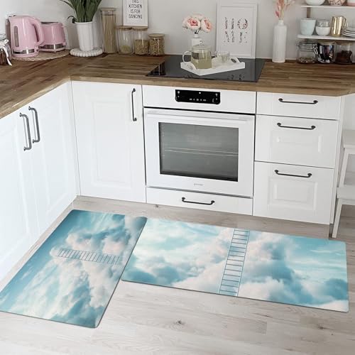 Küchenteppich Set 2 Stück rutschfeste Küchenmatte,Wolkenleiter Waschbare Küchenmatten und Teppiche Set Himmelslandschaft, für Flur Läufer, Esszimmer, Eingang und Türmatte Set 45*75cm+45*150cm von ALTCIRNMD