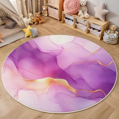 Lila Gold Gebrochener Marmor 3D Teppich Rundteppich Für Wohnzimmer 140Cm Abstraktes Aquarell,Schlafzimmer Rutschfeste Bodenmatte Krabbelmatte Tischset Flur Badematte Esszimmer Eingangsbereich von ALTCIRNMD