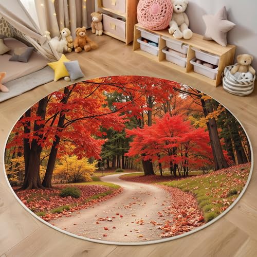 Orange-Rot Straße Wald 3D Teppich Rundteppich Für Wohnzimmer 100Cm Natürliche Herbstlandschaft ,Schlafzimmer Rutschfeste Bodenmatte Krabbelmatte Tischset Flur Badematte Esszimmer Eingangsbereich von ALTCIRNMD