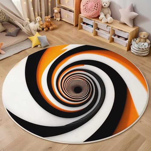 Orange Schwarz Psychedelische Spirale 3D Teppich Rundteppich Für Wohnzimmer 160Cm Abstrakte Kunst,Schlafzimmer Rutschfeste Bodenmatte Krabbelmatte Tischset Flur Badematte Esszimmer Eingangsbereich von ALTCIRNMD