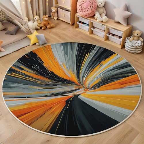 Orange Und Weiß Dynamische Streifen 3D Teppich Rundteppich Für Wohnzimmer 100Cm Abstrakte Kunst,Schlafzimmer Rutschfeste Bodenmatte Krabbelmatte Tischset Flur Badematte Esszimmer Eingangsbereich von ALTCIRNMD
