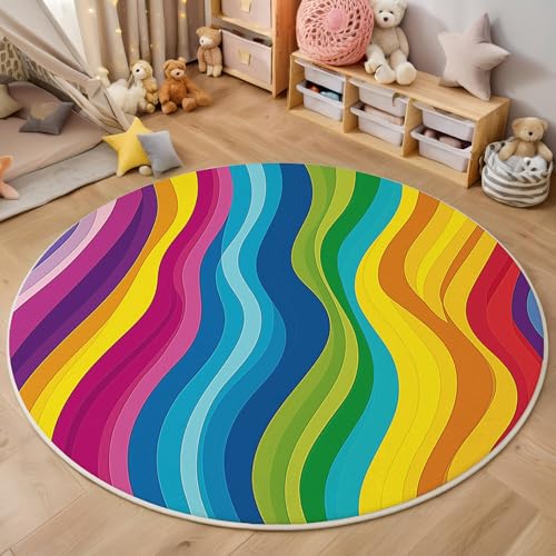 Regenbogenfarben Regenbogenstreifen 3D Teppich Rundteppich Für Wohnzimmer 200Cm Abstrakte Kunst,Schlafzimmer Rutschfeste Bodenmatte Krabbelmatte Tischset Flur Badematte Esszimmer Eingangsbereich von ALTCIRNMD