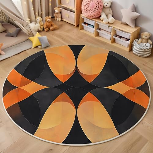 Schwarz-Orange Symmetrische Streifen 3D Teppich Rundteppich Für Wohnzimmer 140Cm Abstrakte Kunst,Schlafzimmer Rutschfeste Bodenmatte Krabbelmatte Tischset Flur Badematte Esszimmer Eingangsbereich von ALTCIRNMD