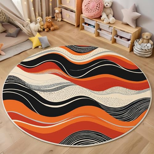 Schwarz-Orange Wellenlinien 3D Teppich Rundteppich Für Wohnzimmer 200Cm Minimalistische Geometrie,Schlafzimmer Rutschfeste Bodenmatte Krabbelmatte Tischset Flur Badematte Esszimmer Eingangsbereich von ALTCIRNMD
